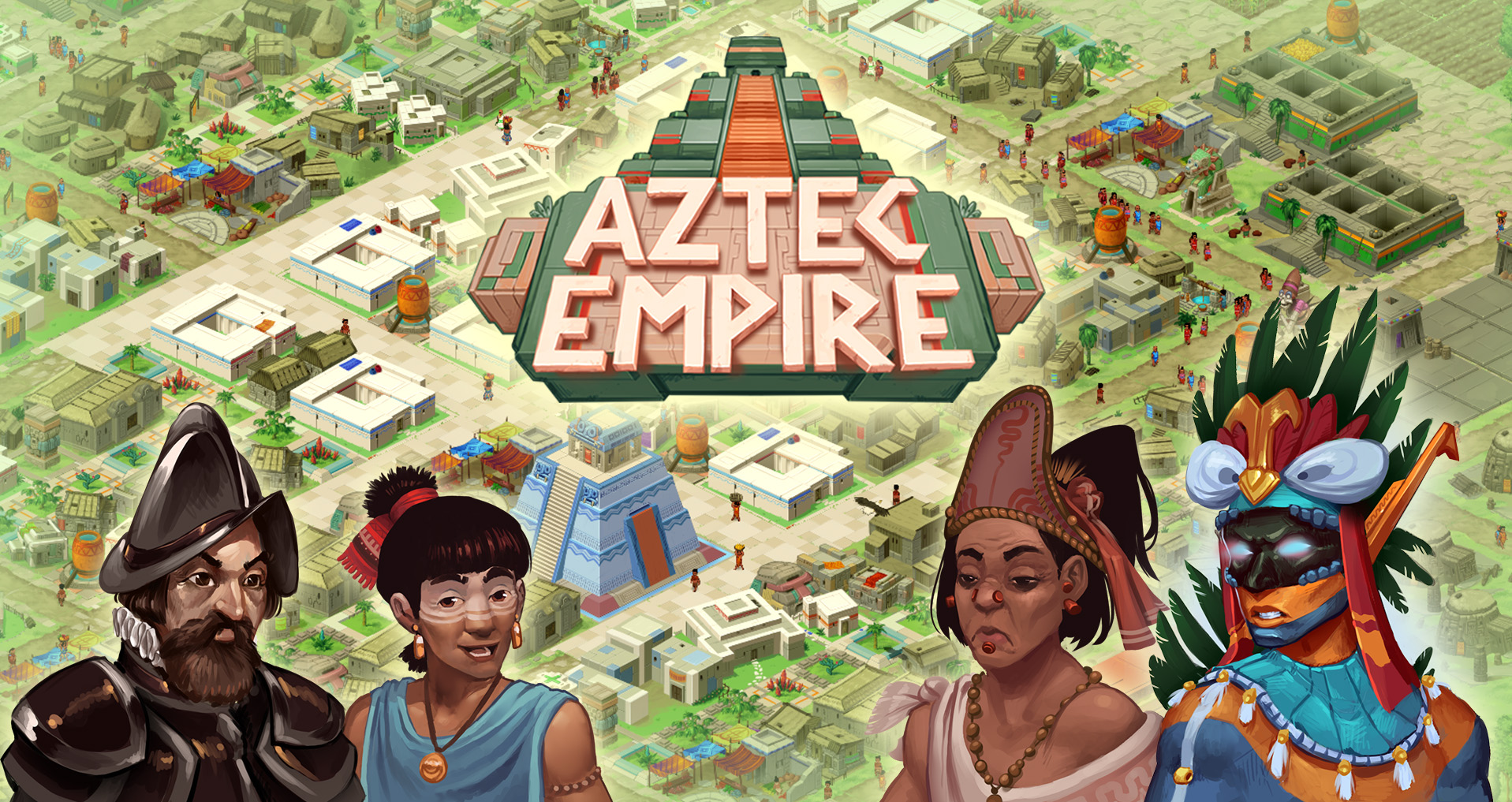 Titelgrafik von Aztec Empire mit einer illustrierten Stadt und vier aztekischen Figuren.