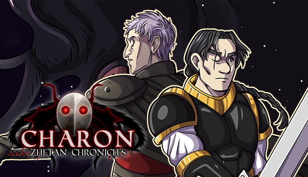 Titelbild von Charon – Zhetan Chronicles mit zwei Fantasy-Figuren und dem Spieltitel.