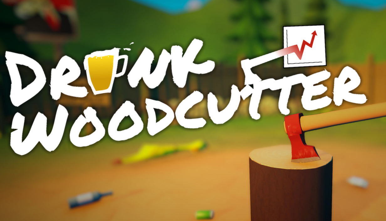 Titelbild von Drunk Woodcutter mit einem Beil auf einem Baumstumpf und verstreuten Flaschen.