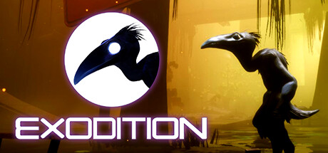 Titelbild von Exodition mit dem Logo und einer vogelartigen Figur vor einer futuristischen, goldgelb beleuchteten Umgebung.