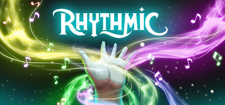 Titelbild von RHYTHMIC mit einer leuchtenden Hand, farbigen Energieströmen und schwebenden Noten.