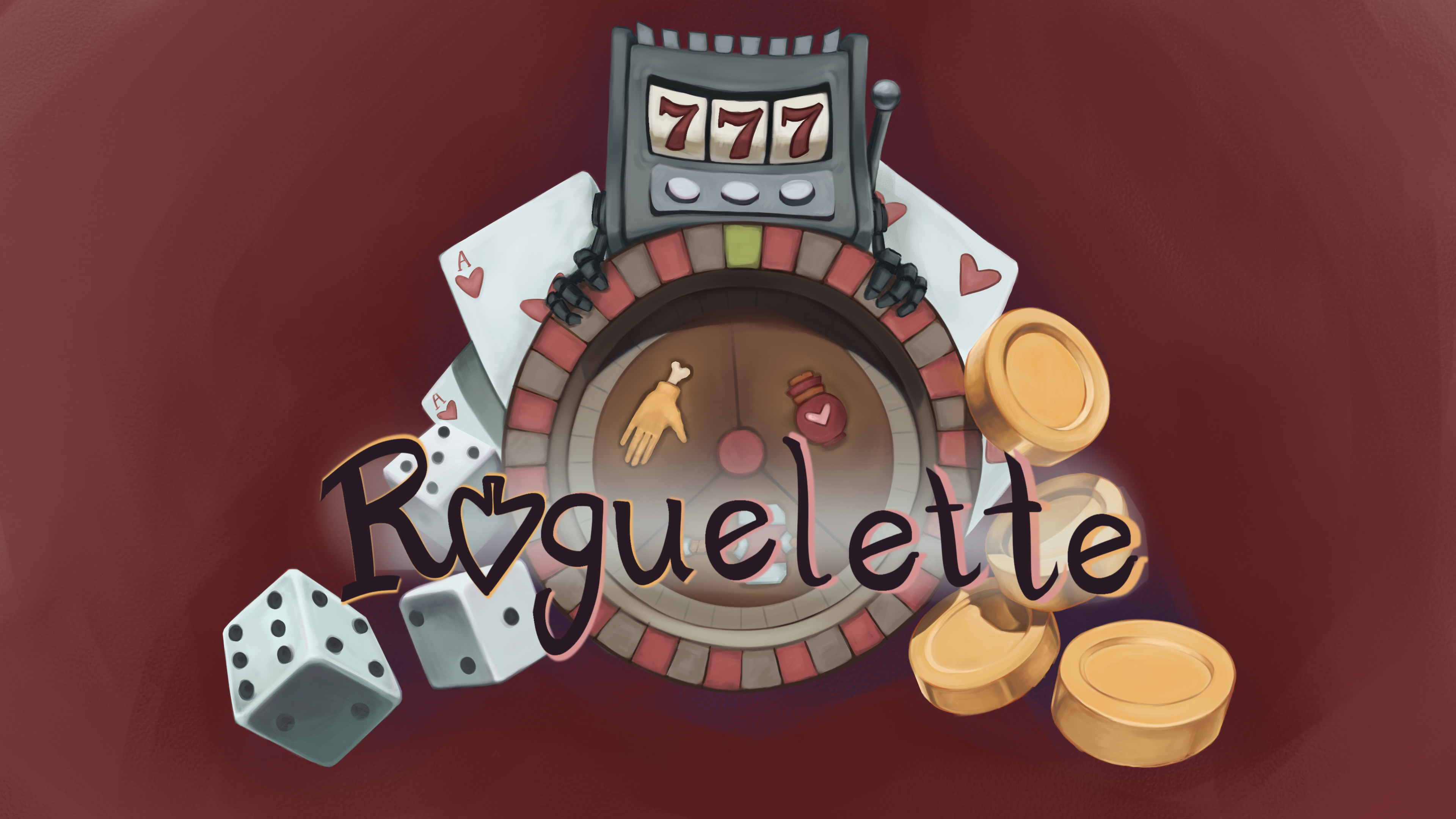Titelgrafik von Roguelette mit Rouletterad, Spielkarten, Würfeln und Münzen.
