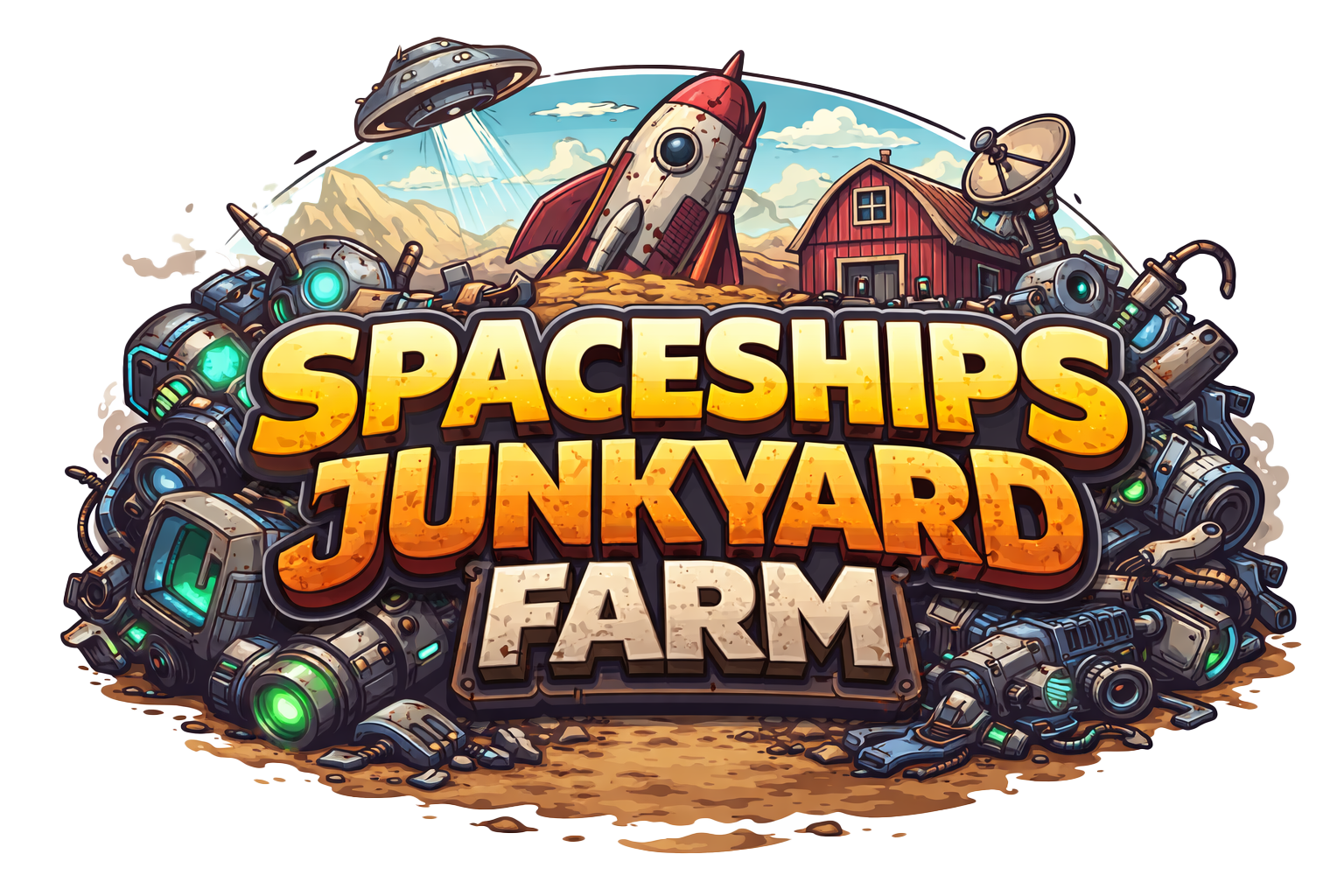 Titelgrafik von Spaceships Junkyard Farm mit abgestürztem Raumschiff, Werkzeugen und Farmgebäuden.