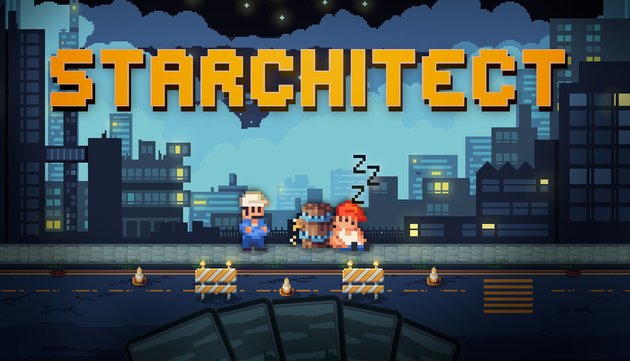 Startbildschirm von Starchitect mit Pixel-Art-Figuren in einer nächtlichen Stadt.