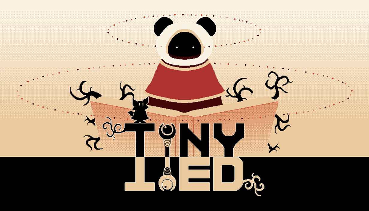 Titelbild von Tiny Tied mit der kleinen Füchsin Mi, einem großen Panda mit rotem Umhang und dem Spieltitel.