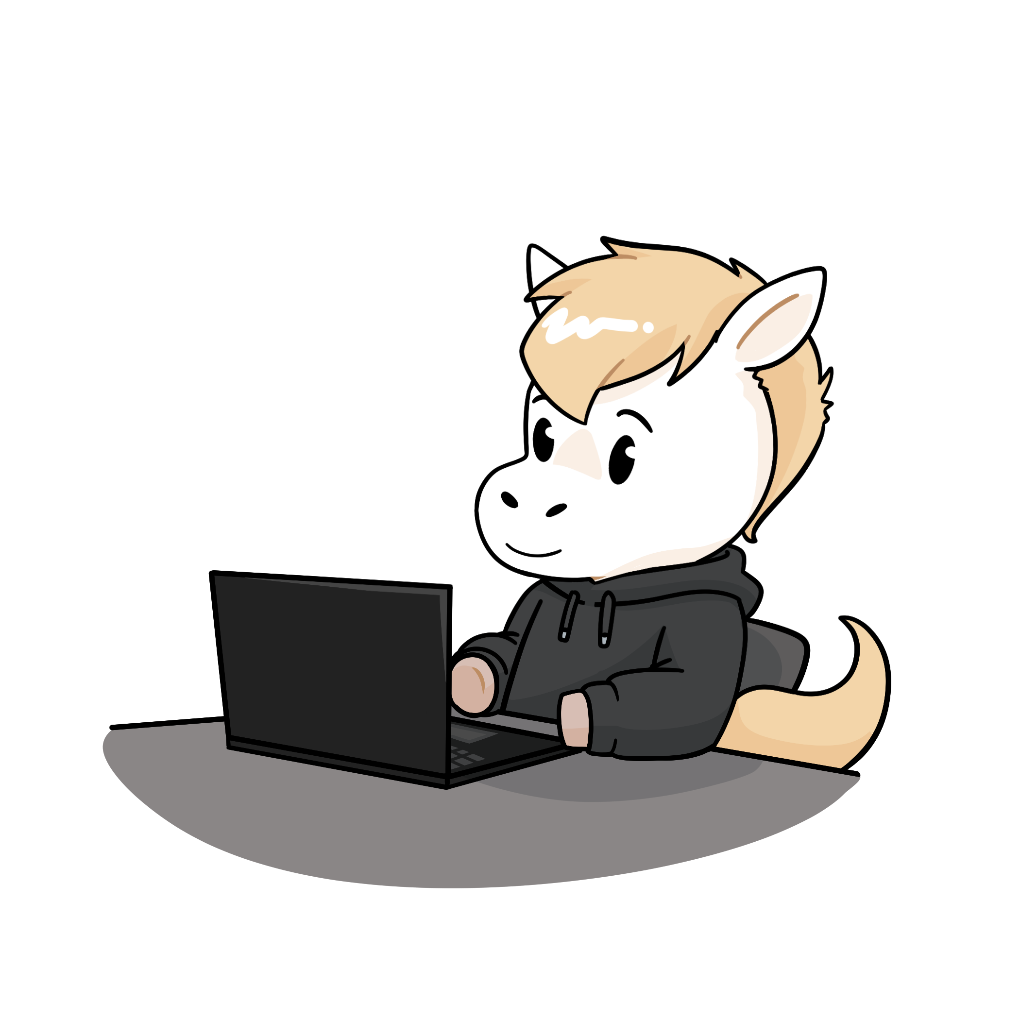 Das Bild zeigt das Maskottchen des Hannover Game Dev MeetUps an seinem Computer.